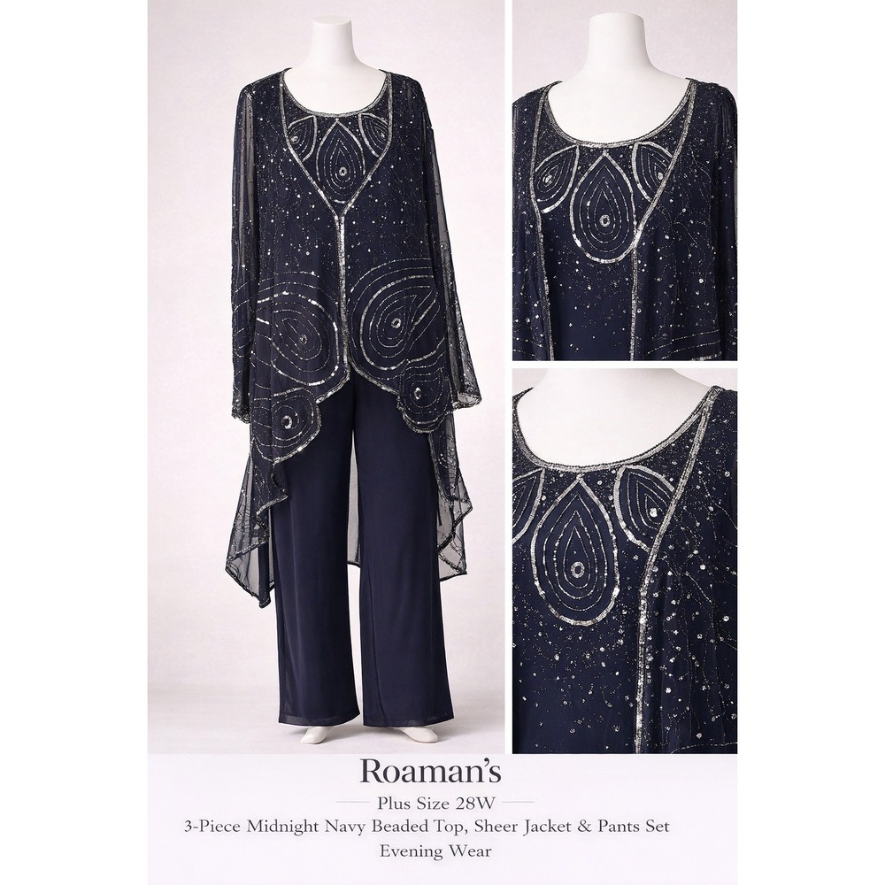Roamans 3-Piece Evening Set Midnight Navy Beaded Jacket Top Pants Plus Size 28W
